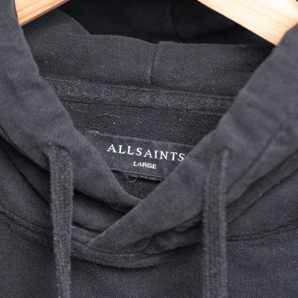 AllSaints Men’s Lg Hoodie Raven Black Pullover French Terry Pocket LS Sweatshirt - Picture 8 of 16